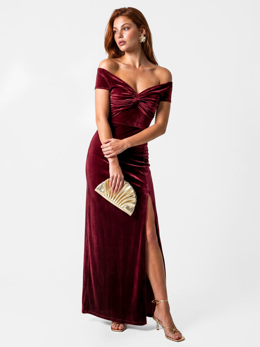 Maya Cranberry Twist Front Bardot Velvet Maxi Dress
