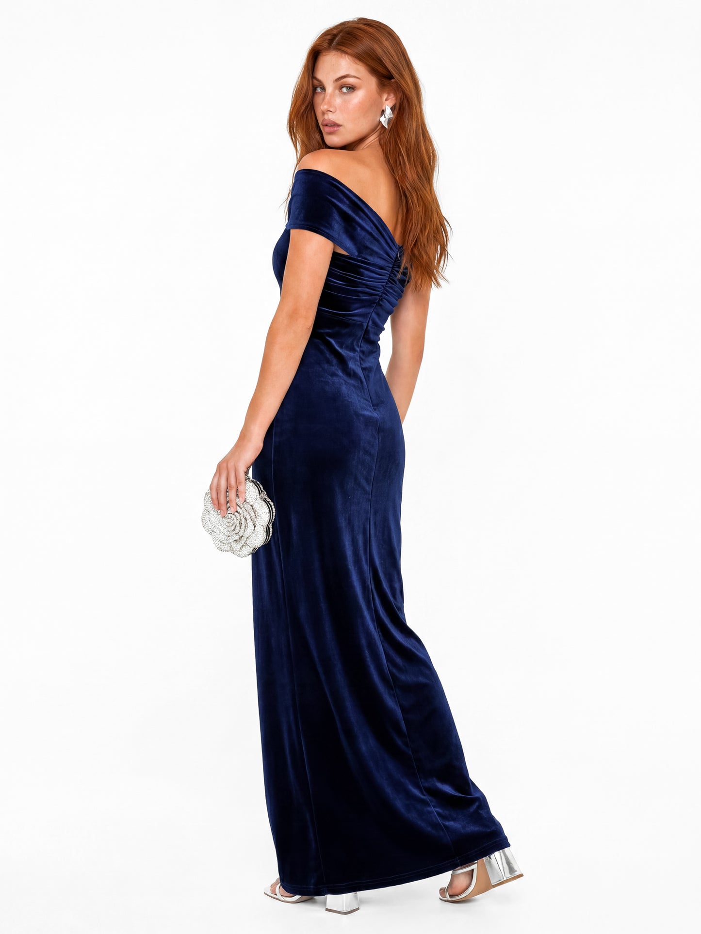 Maya Navy Twist Front Bardot Velvet Maxi Dress
