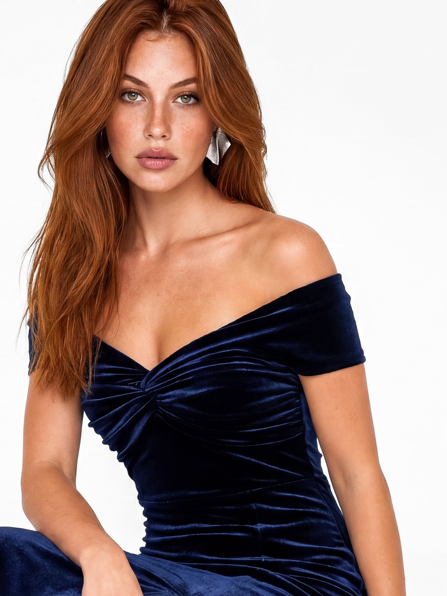 Maya Navy Twist Front Bardot Velvet Maxi Dress