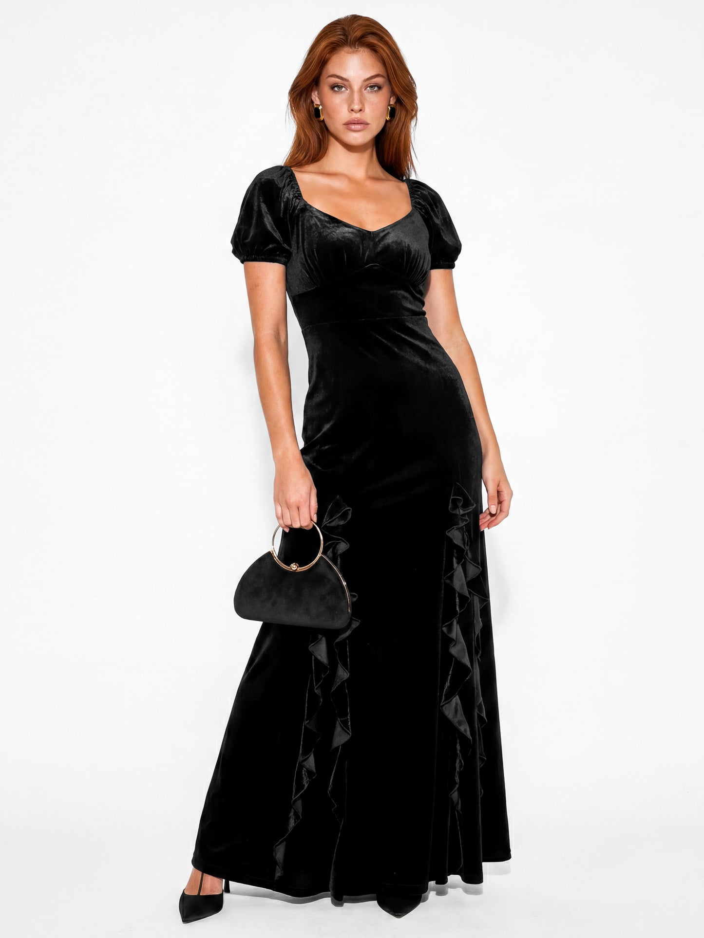 Maya Black Short Sleeve Waterfall Ruffle Velvet Maxi Dress