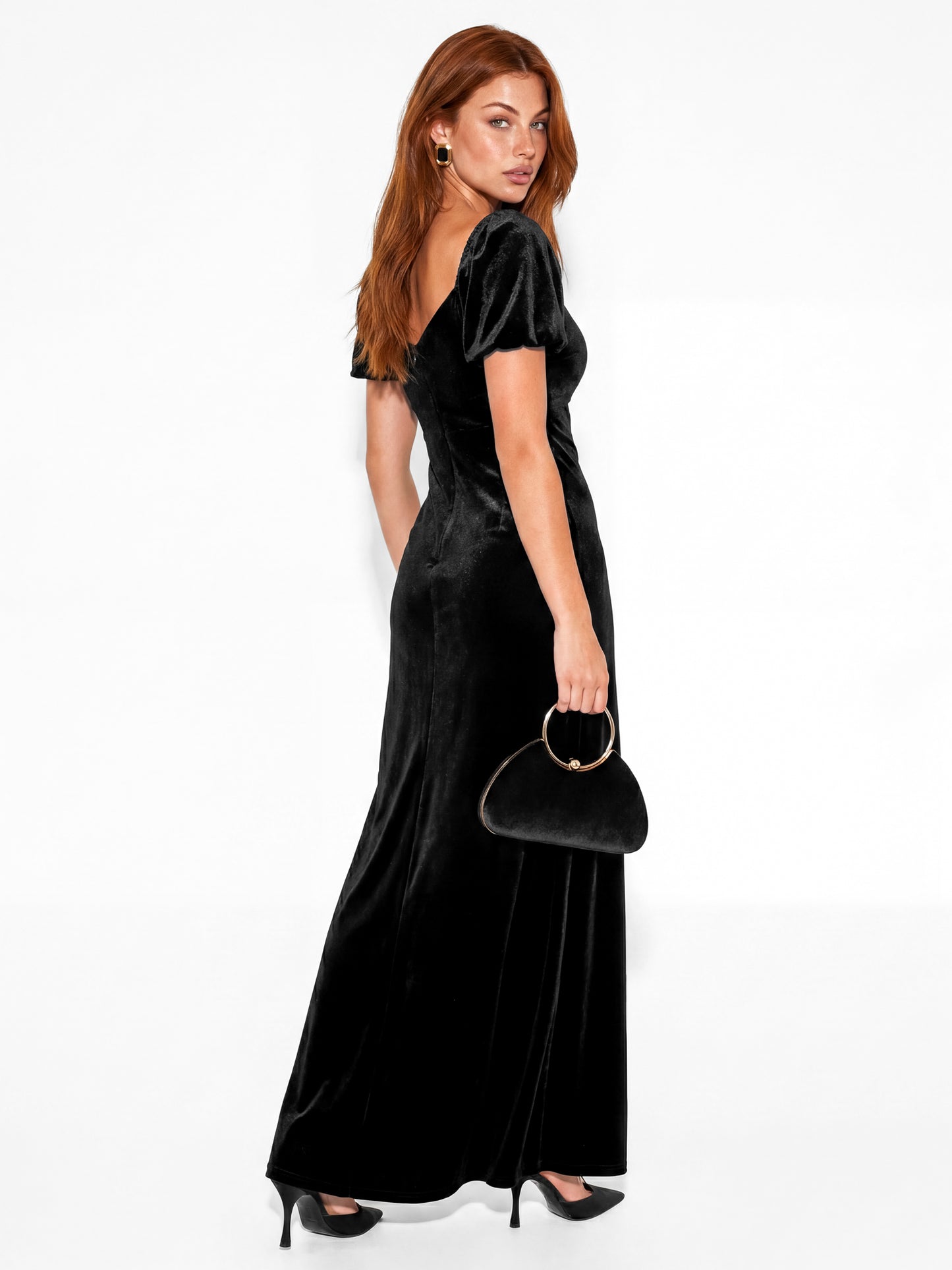 Maya Black Short Sleeve Waterfall Ruffle Velvet Maxi Dress