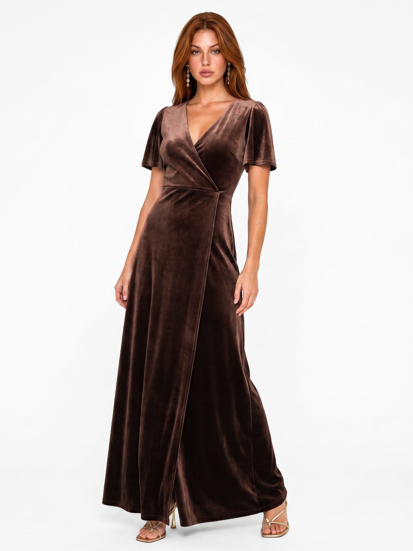 Maya Chocolate Faux Wrap Short Sleeve Velvet Maxi Dress
