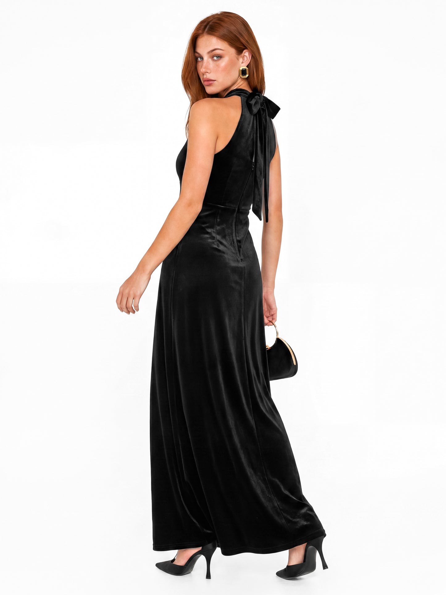 Maya Black Halter Neck Velvet Maxi Dress