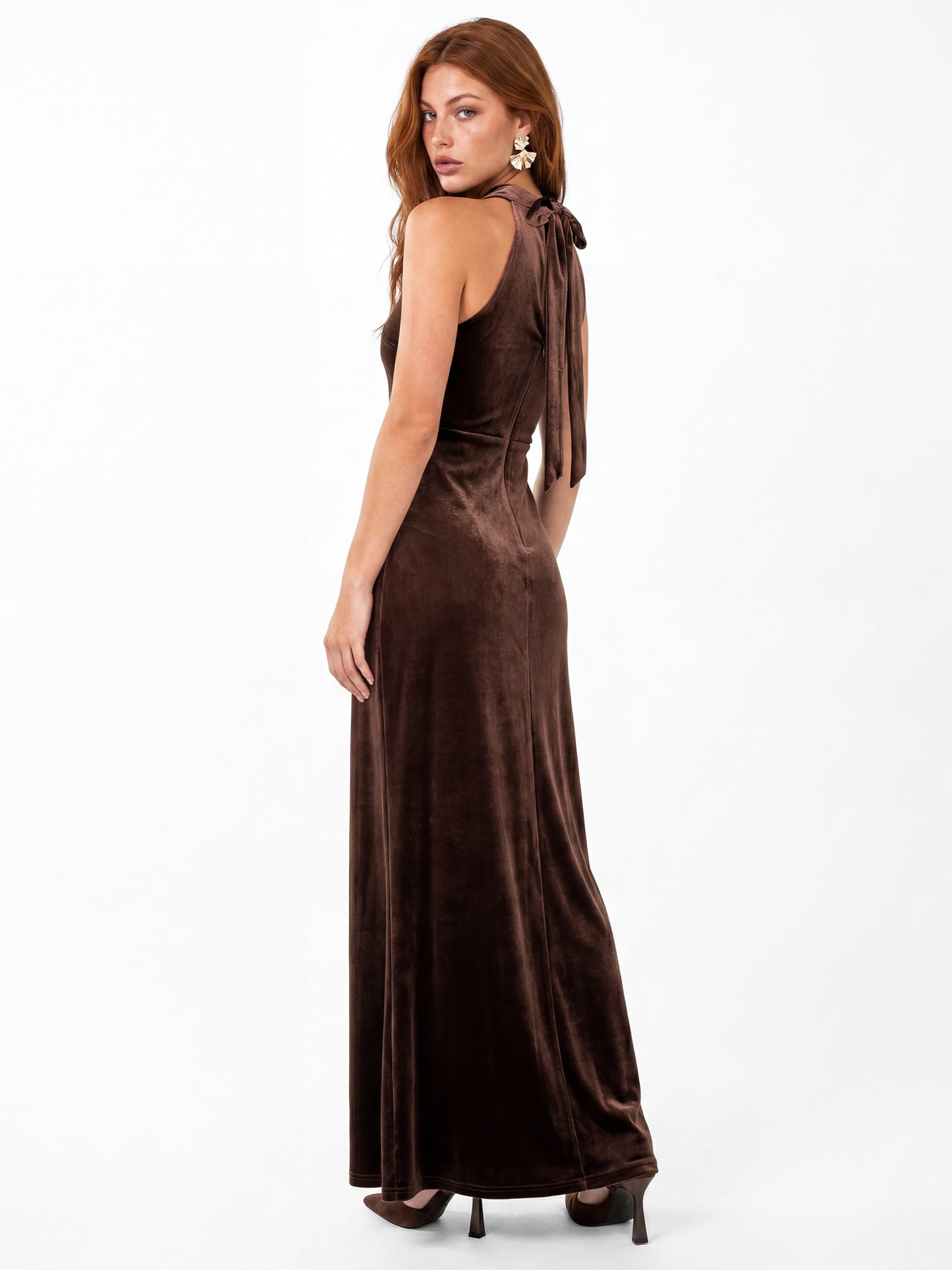 Maya Chocolate Halter Neck Velvet Maxi Dress