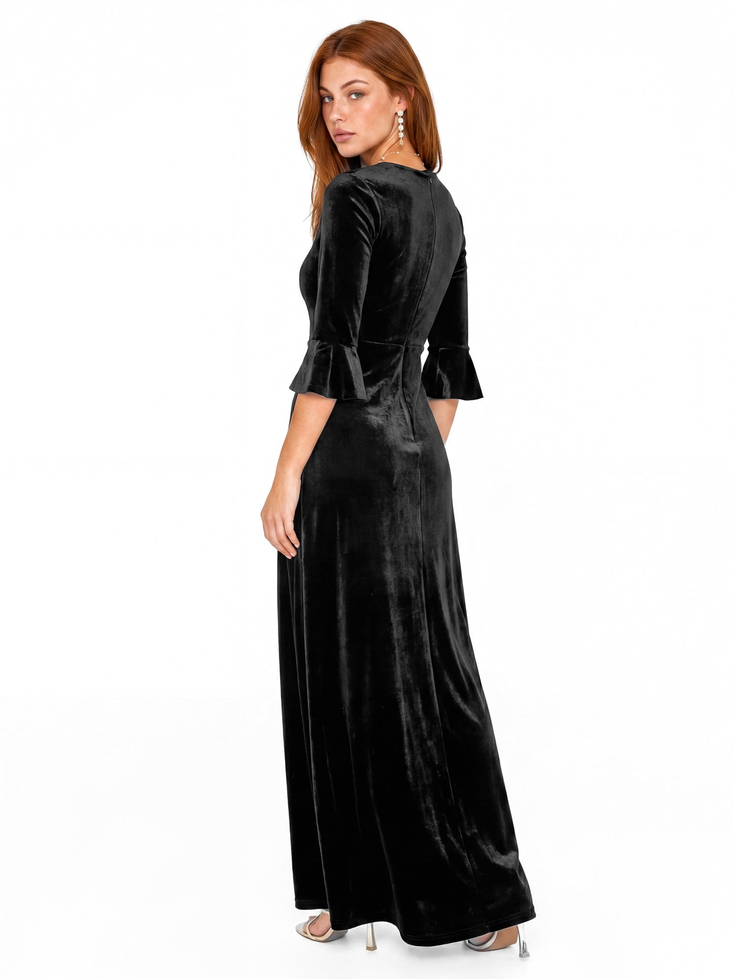 Maya Black V Neck 3/4 Flute Sleeve Velvet Maxi Dress