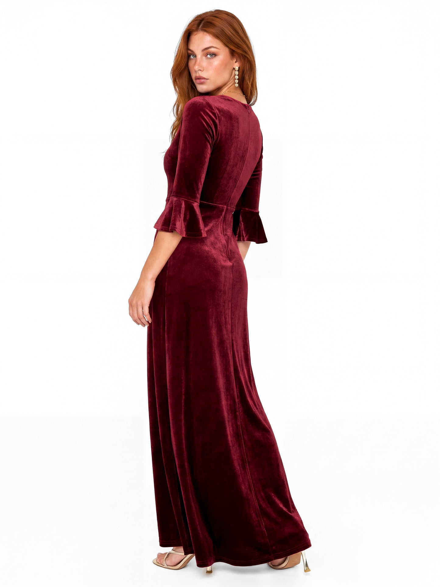 Maya Cranberry V Neck 3/4 Flute Sleeve Velvet Maxi Dress