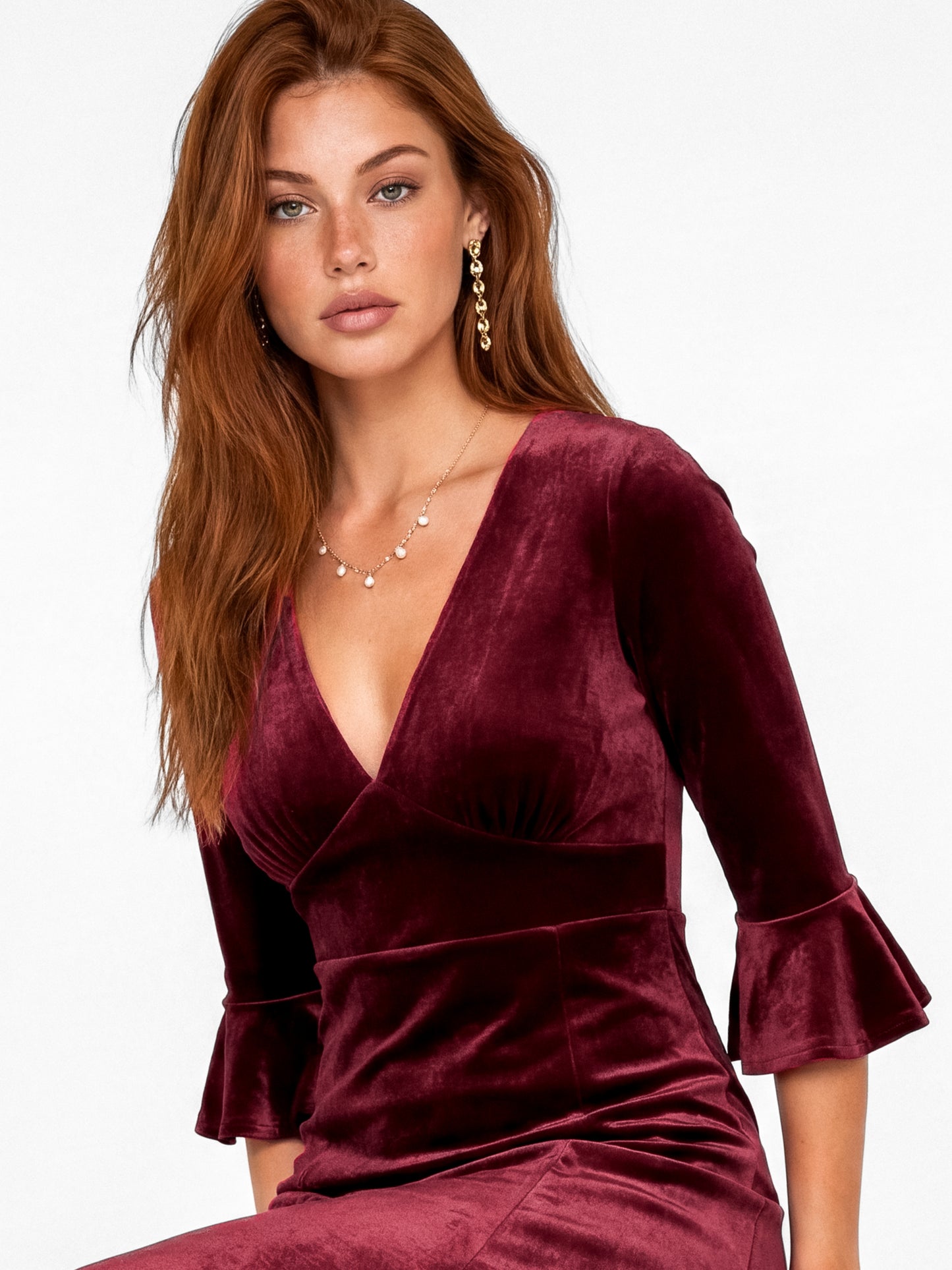 Maya Cranberry V Neck 3/4 Flute Sleeve Velvet Maxi Dress