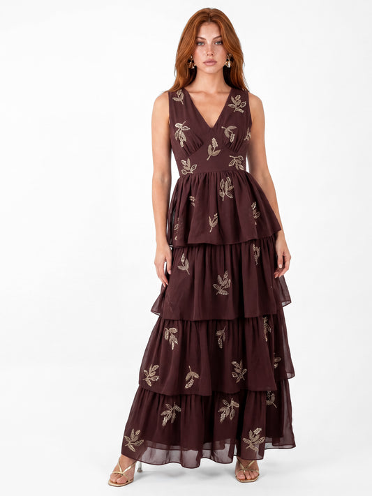 Maya Espresso Leaf Embellished Sleeveless Tiered Maxi Dress