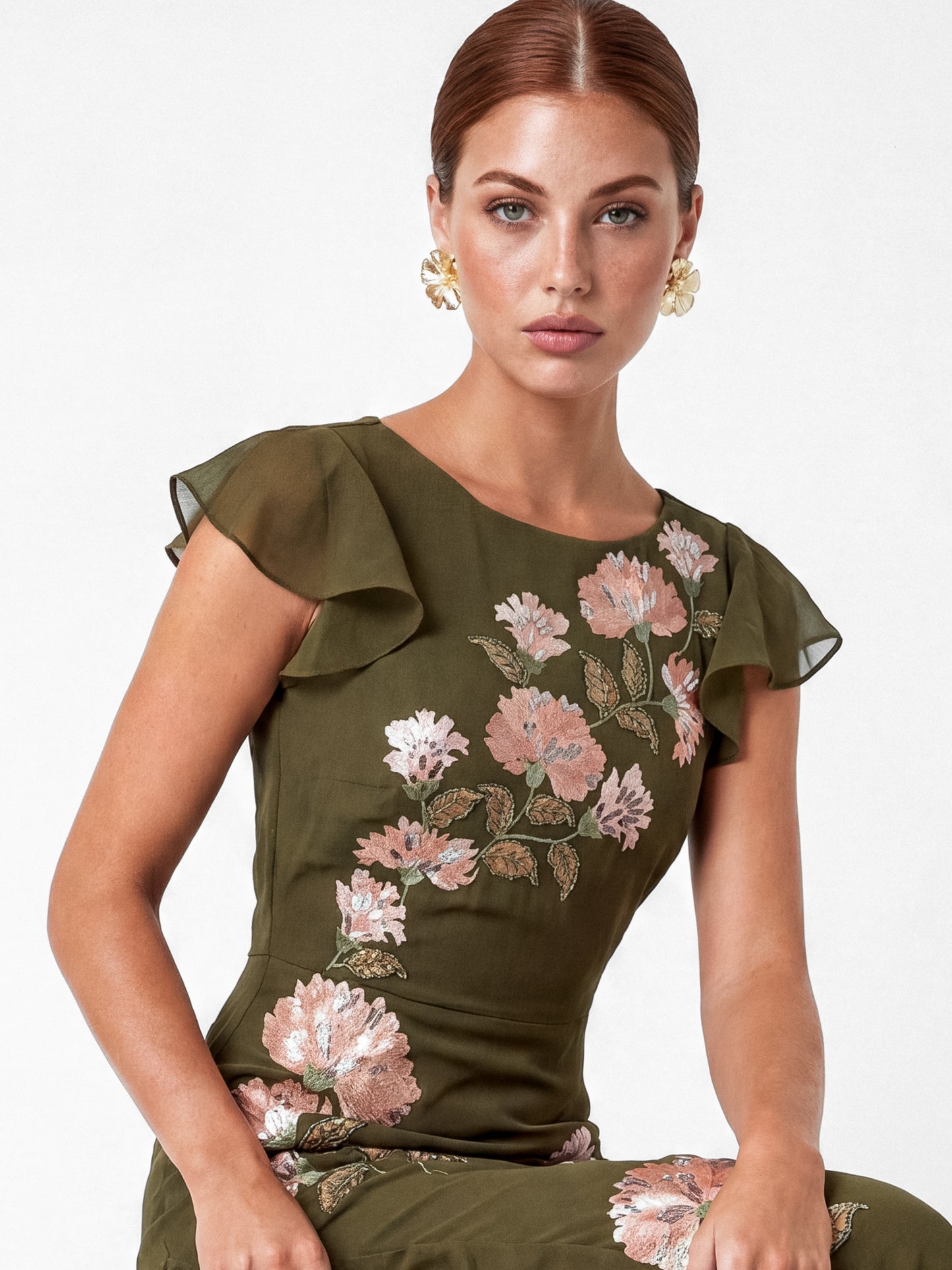 Maya Deep Olive Floral Embroidery V-Back Ruffle Midaxi Dress