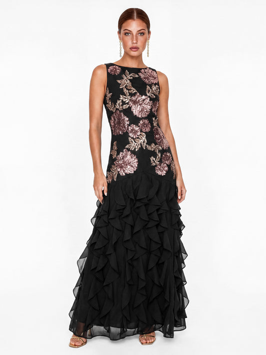 Maya Black Embellished Waterfall Ruffle Sleeveless Maxi Dress