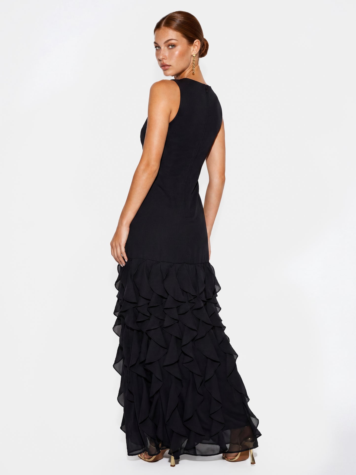 Maya Black Embellished Waterfall Ruffle Sleeveless Maxi Dress