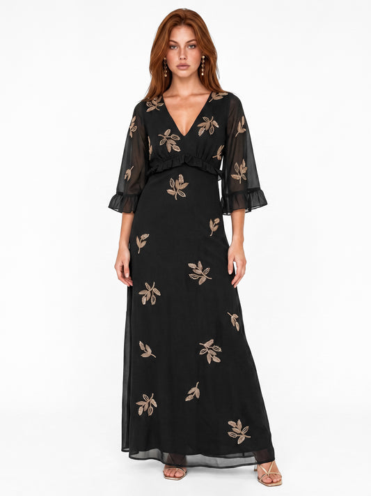 Maya Black Leaf Embellished 3/4 Bell Sleeve Maxi Dress