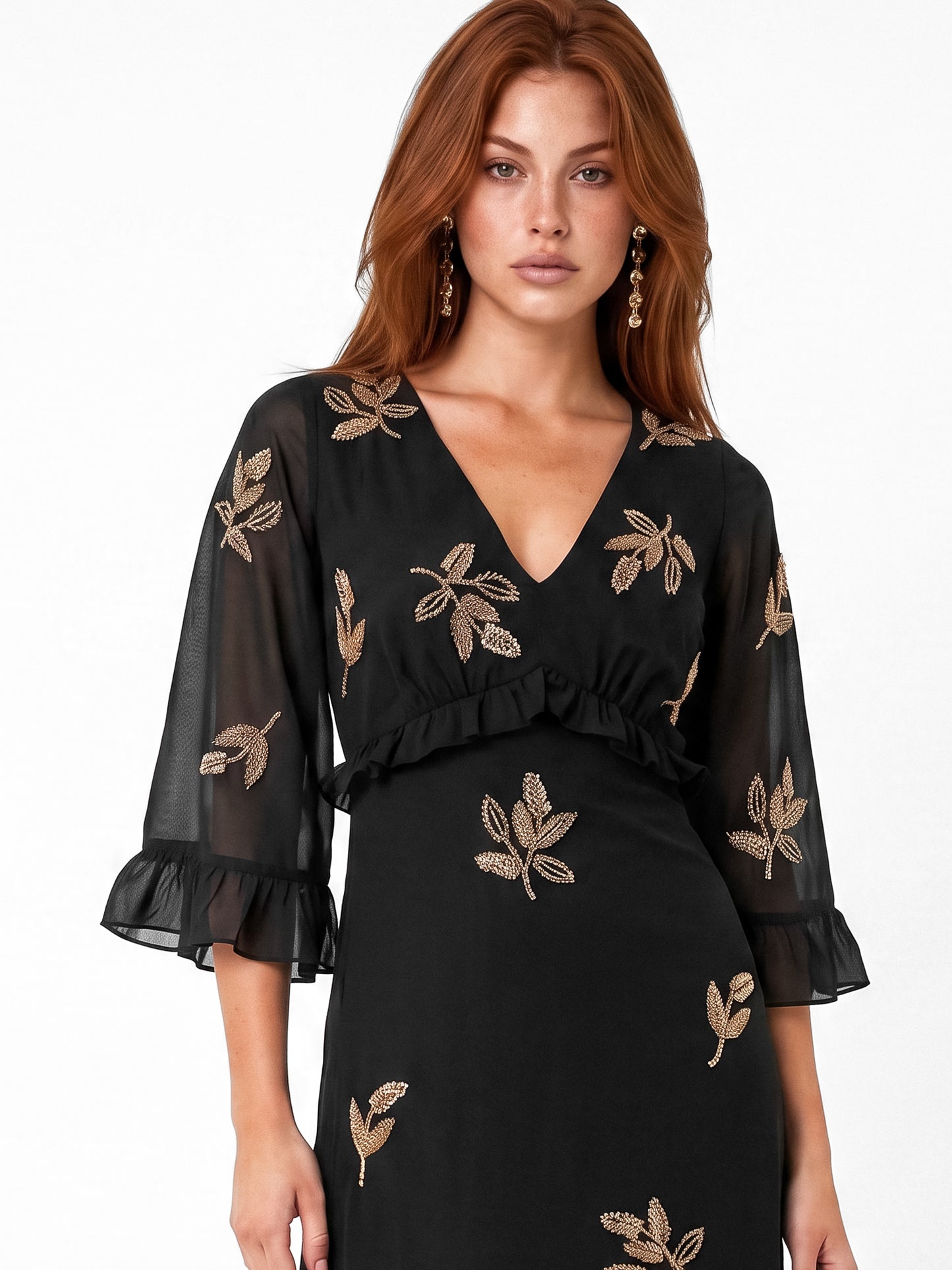 Maya Black Leaf Embellished 3/4 Bell Sleeve Maxi Dress