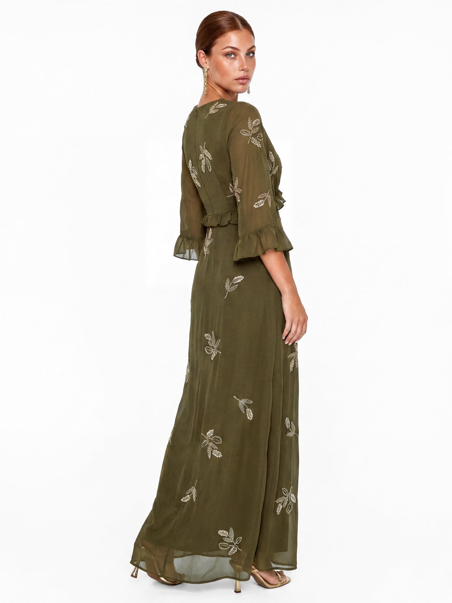 Maya Deep Olive Leaf Embellished 3/4 Bell Sleeve Maxi Dress