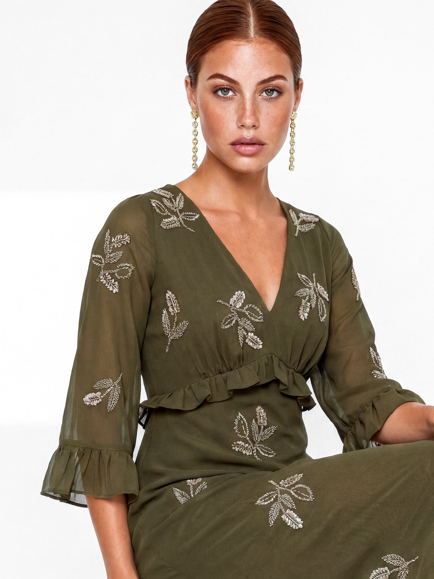 Maya Deep Olive Leaf Embellished 3/4 Bell Sleeve Maxi Dress