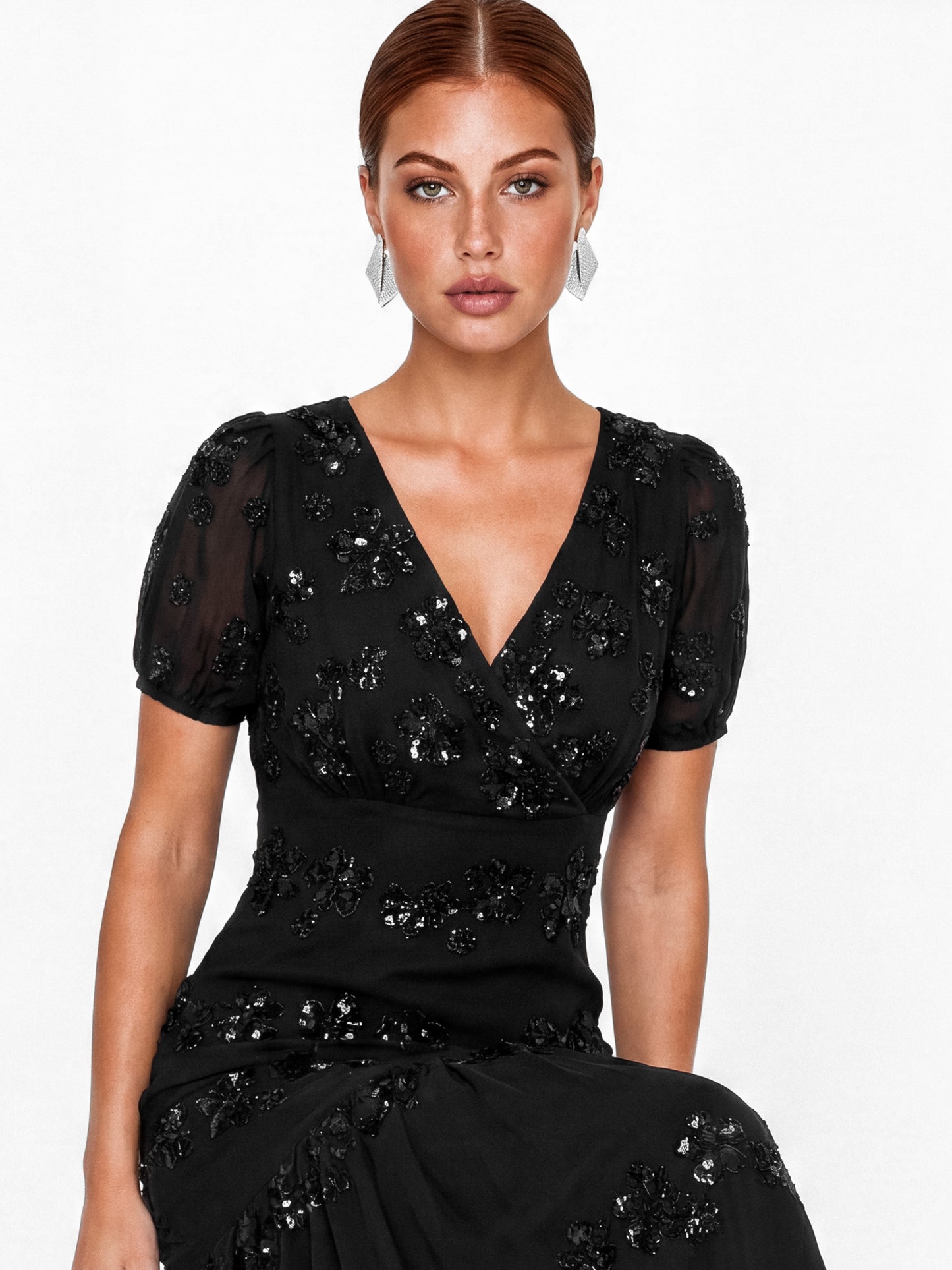 Maya Black Embellished Short Sleeve Maxi Dress