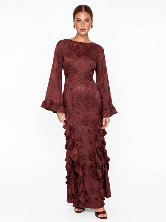 Maya Dark Red Floral Jacquard Waterfall Ruffle Satin Maxi Dress