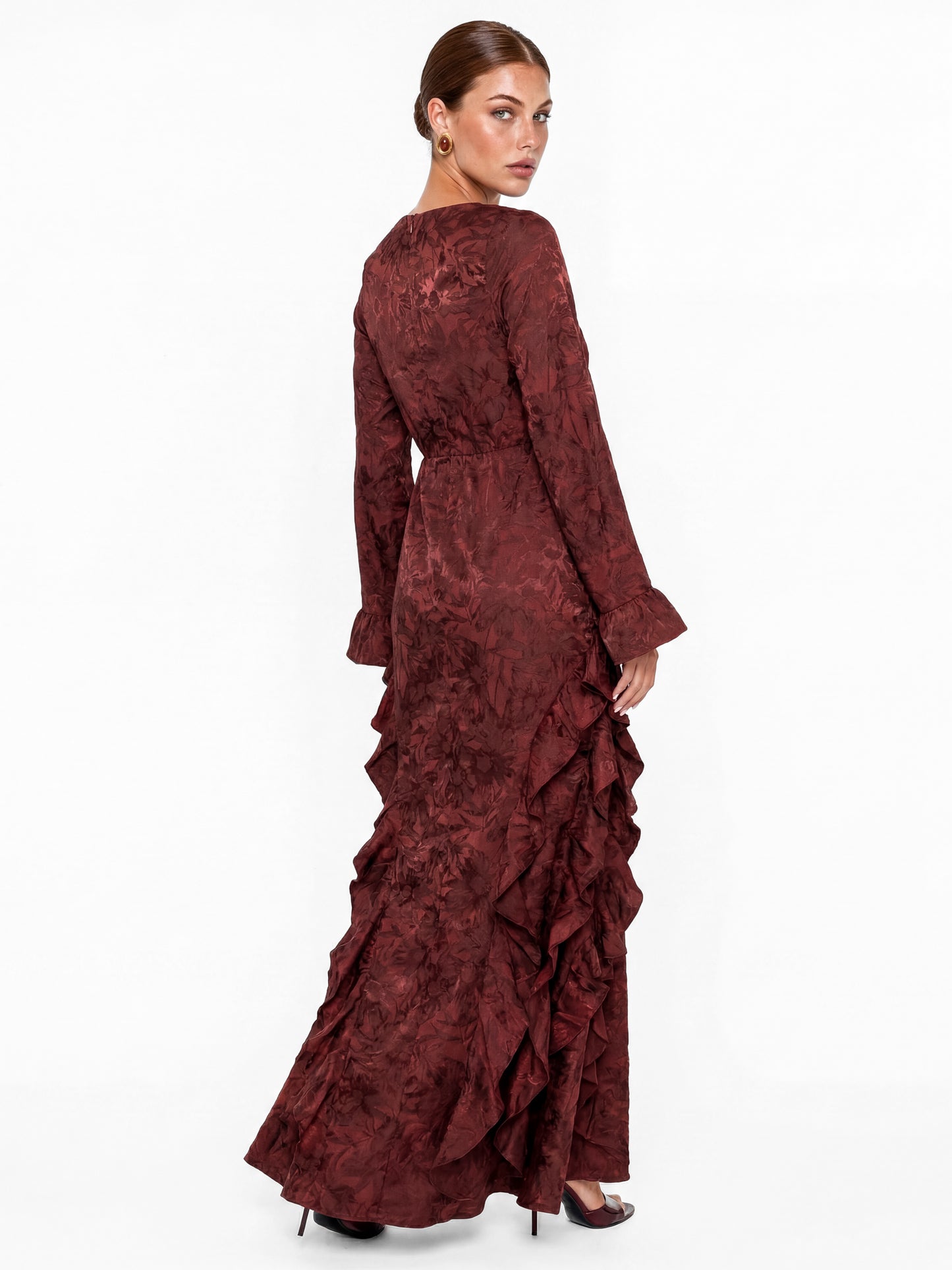 Maya Dark Red Floral Jacquard Waterfall Ruffle Satin Maxi Dress
