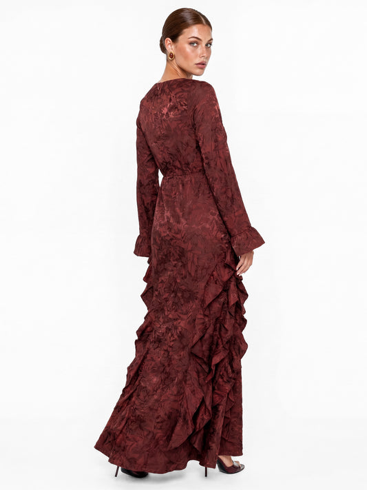 Maya Dark Red Floral Jacquard Waterfall Ruffle Satin Maxi Dress