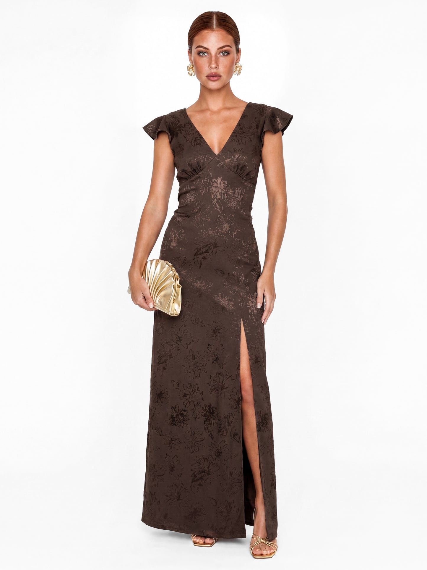 Maya Espresso Floral Jacquard Tie-Back Satin Maxi Dress