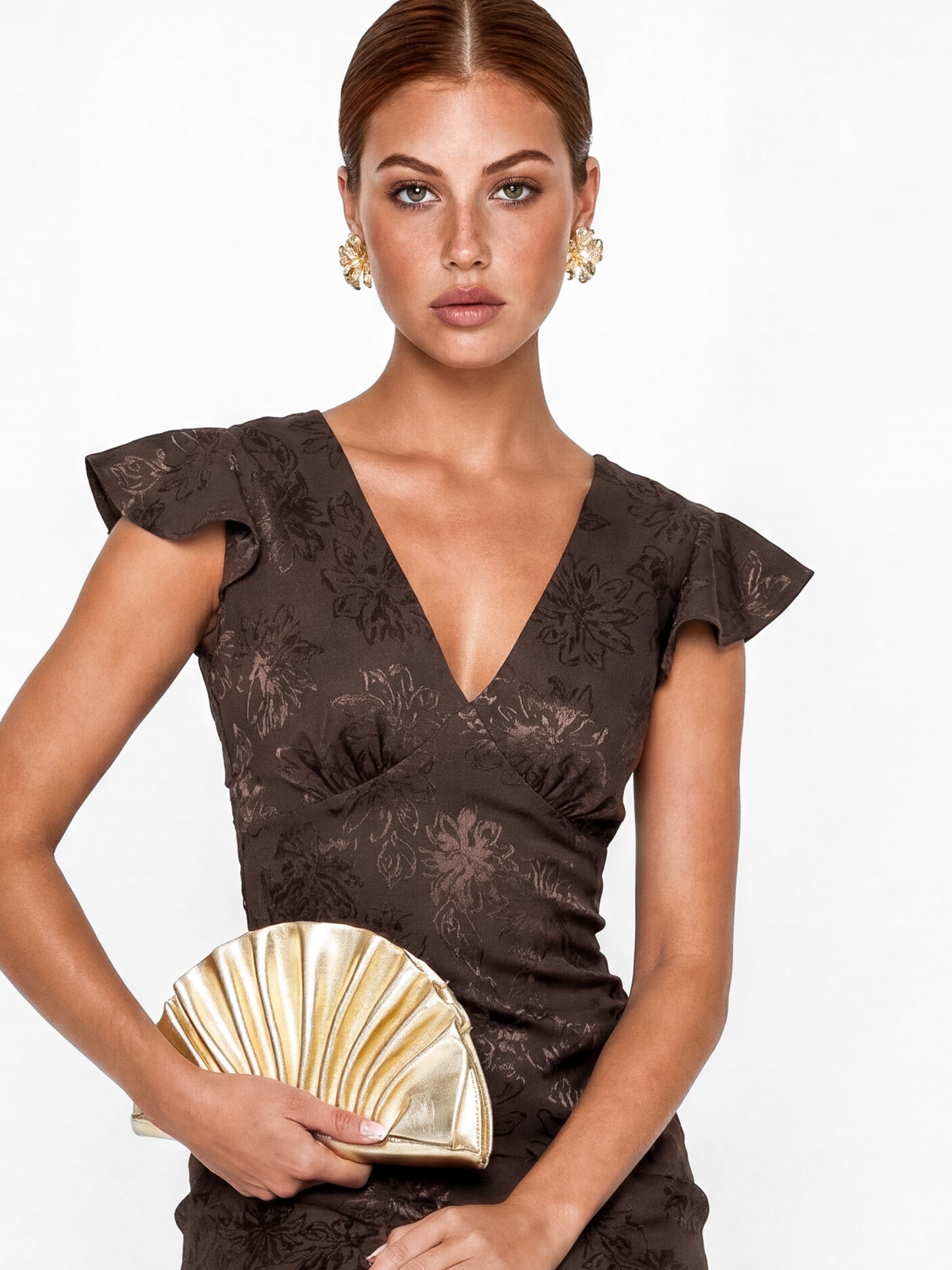 Maya Espresso Floral Jacquard Tie-Back Satin Maxi Dress