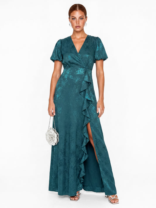 Maya Teal Floral Jacquard Faux Wrap Waterfall Ruffle Satin Maxi Dress