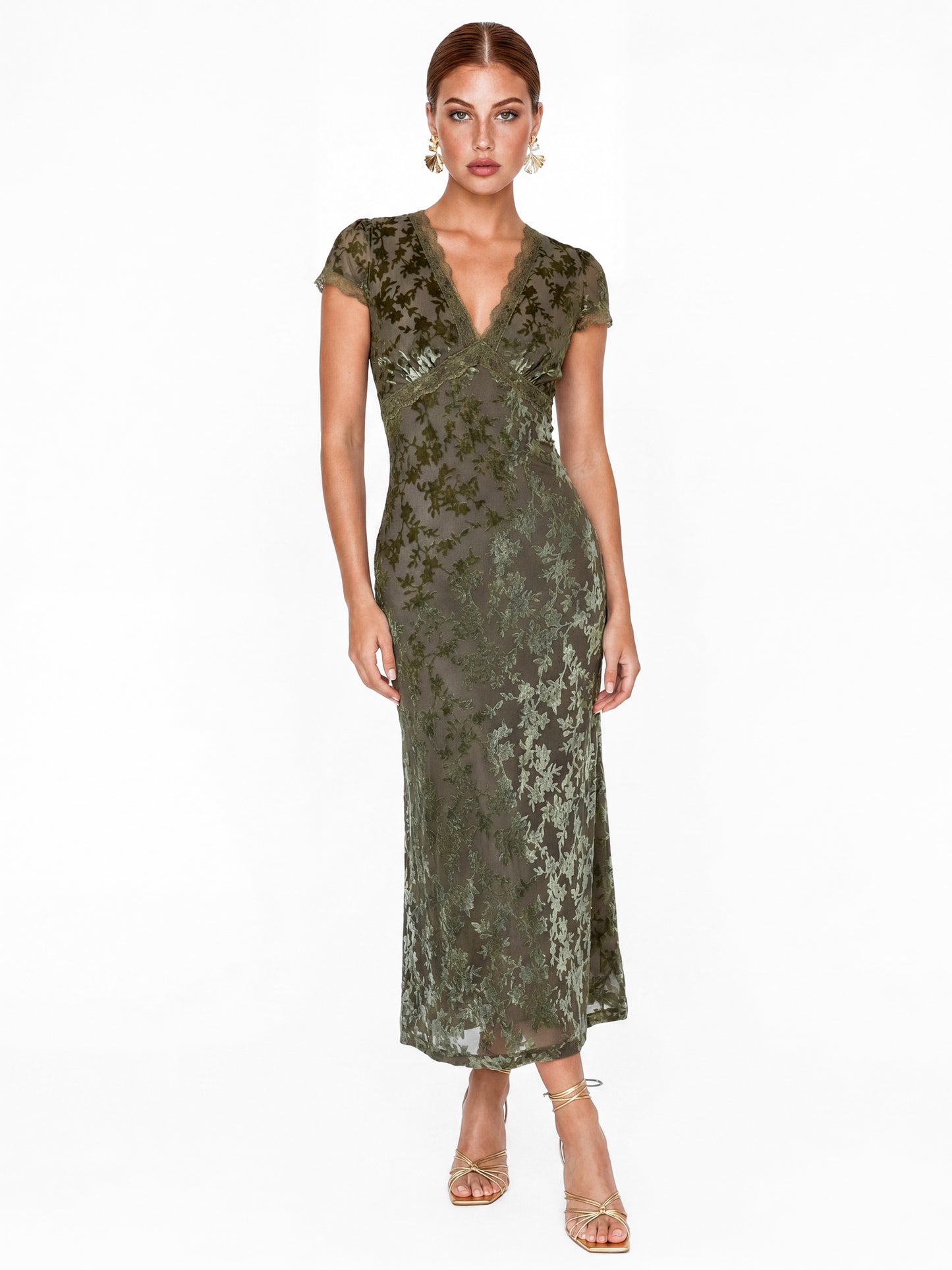 Maya Olive Floral Velvet Devore V Neck Midaxi Dress
