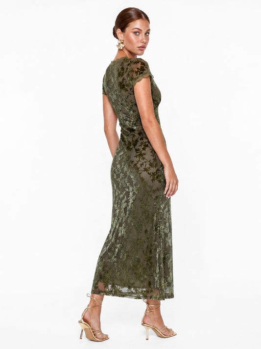 Maya Olive Floral Velvet Devore V Neck Midaxi Dress