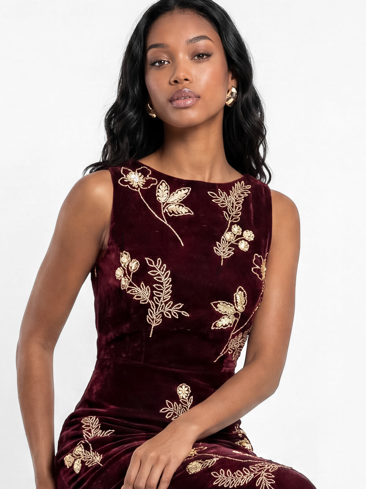 Maya Wine Floral Embellished Cowl Back Velvet Midaxi Dress