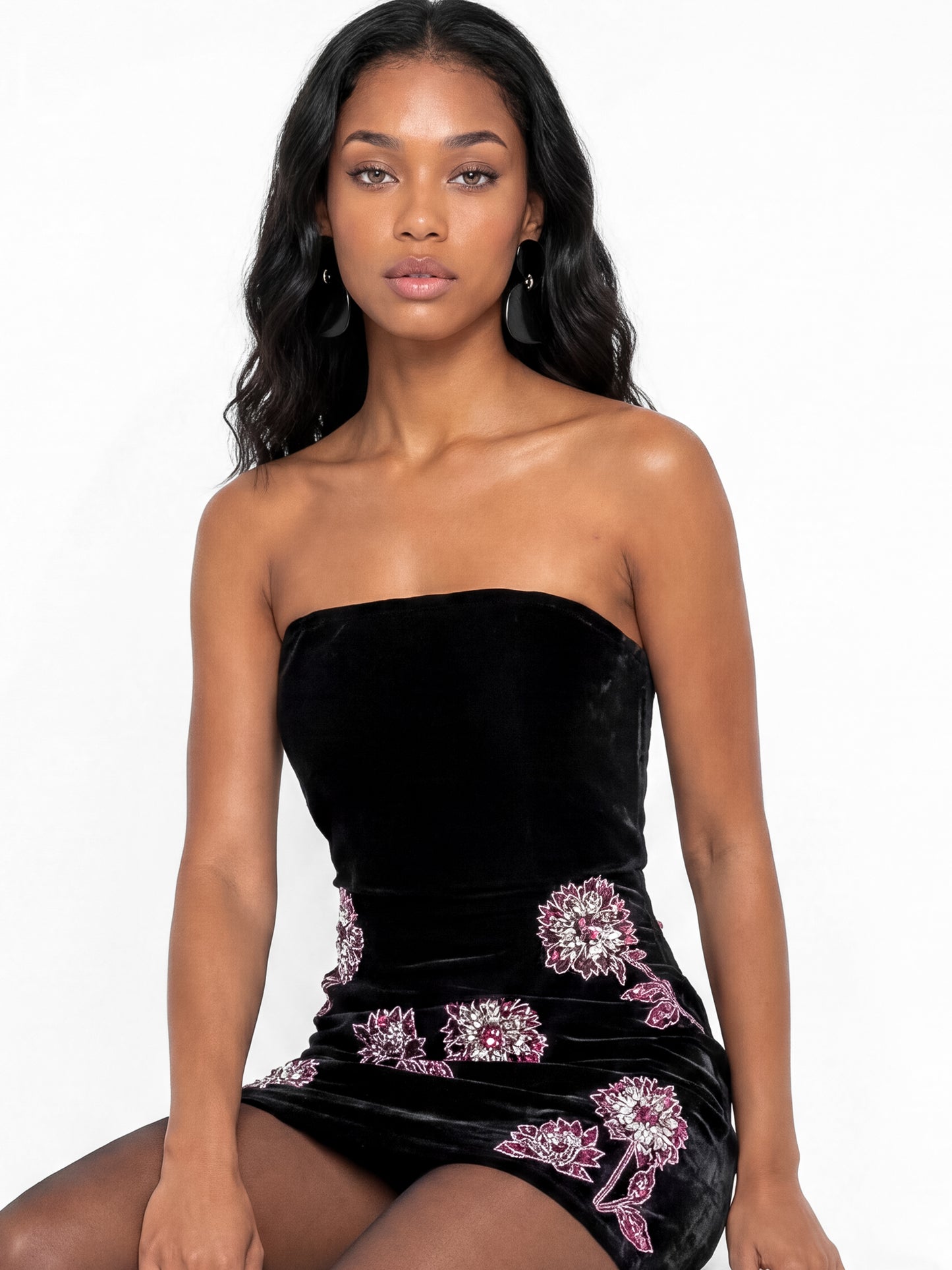Maya Black Floral Embellished Bandeau Velvet Mini Dress