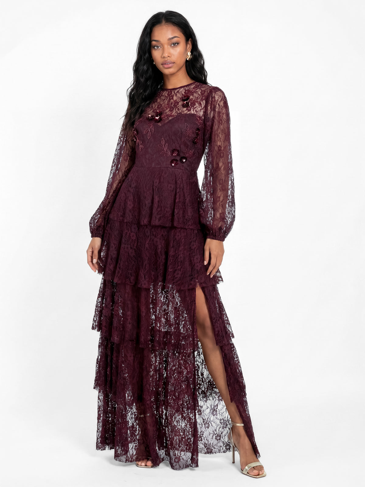 Maya Floral Embellished Blouson Sleeve Tiered Lace Maxi Dress