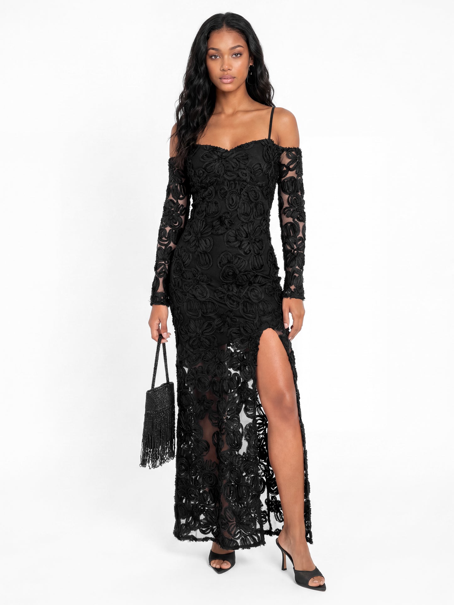 Maya Black Cold Shoulder Floral Mesh Maxi Dress