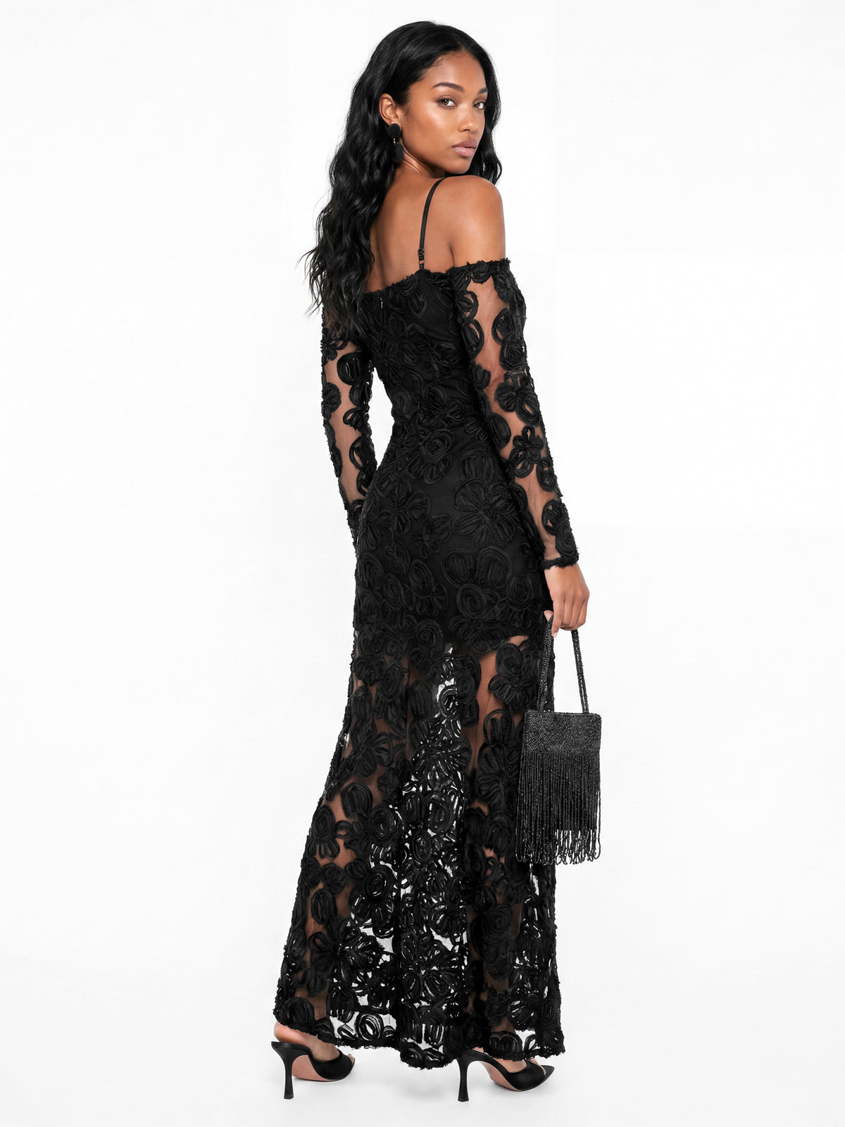 Maya Black Cold Shoulder Floral Mesh Maxi Dress