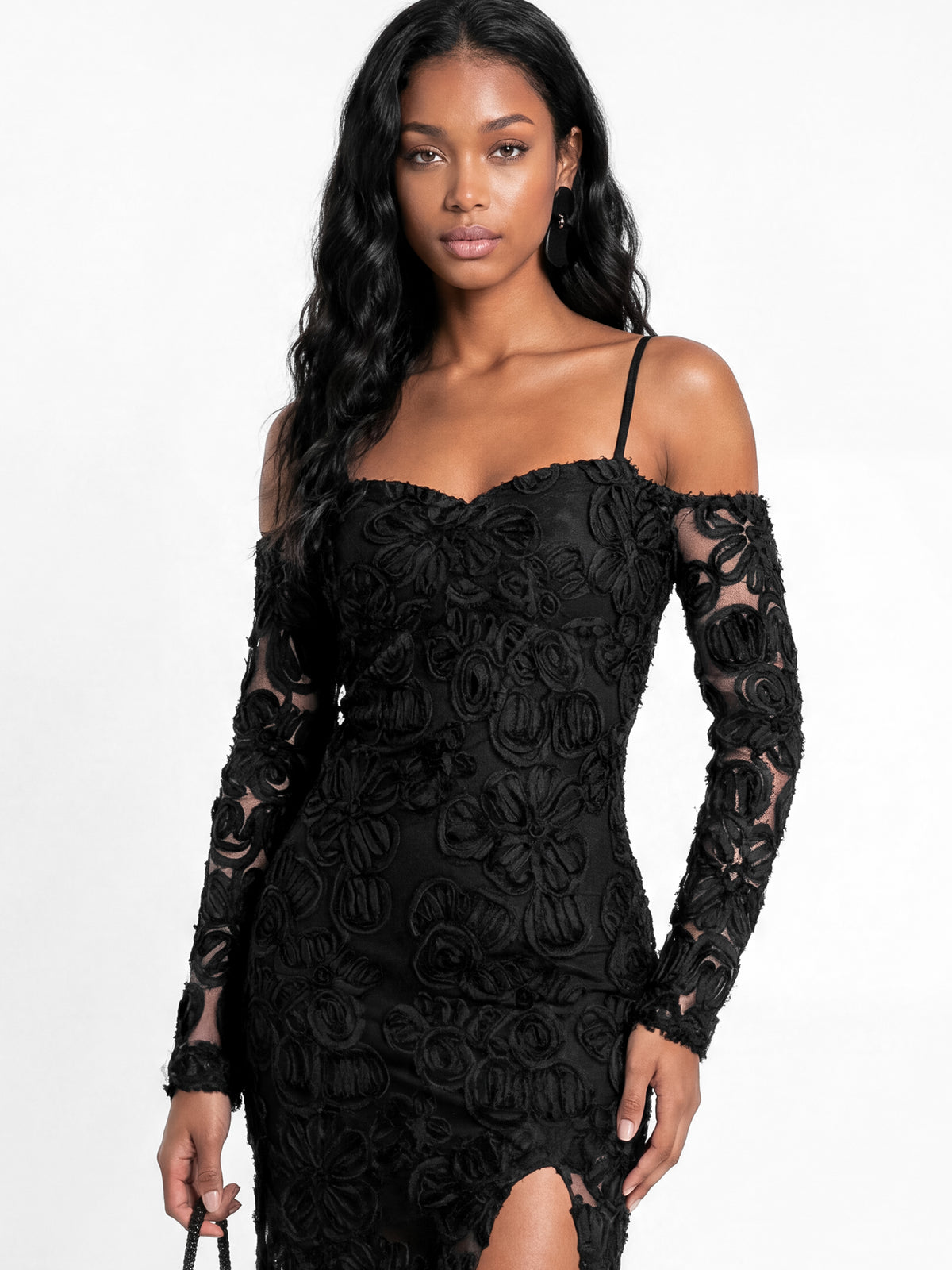 Maya Black Cold Shoulder Floral Mesh Maxi Dress