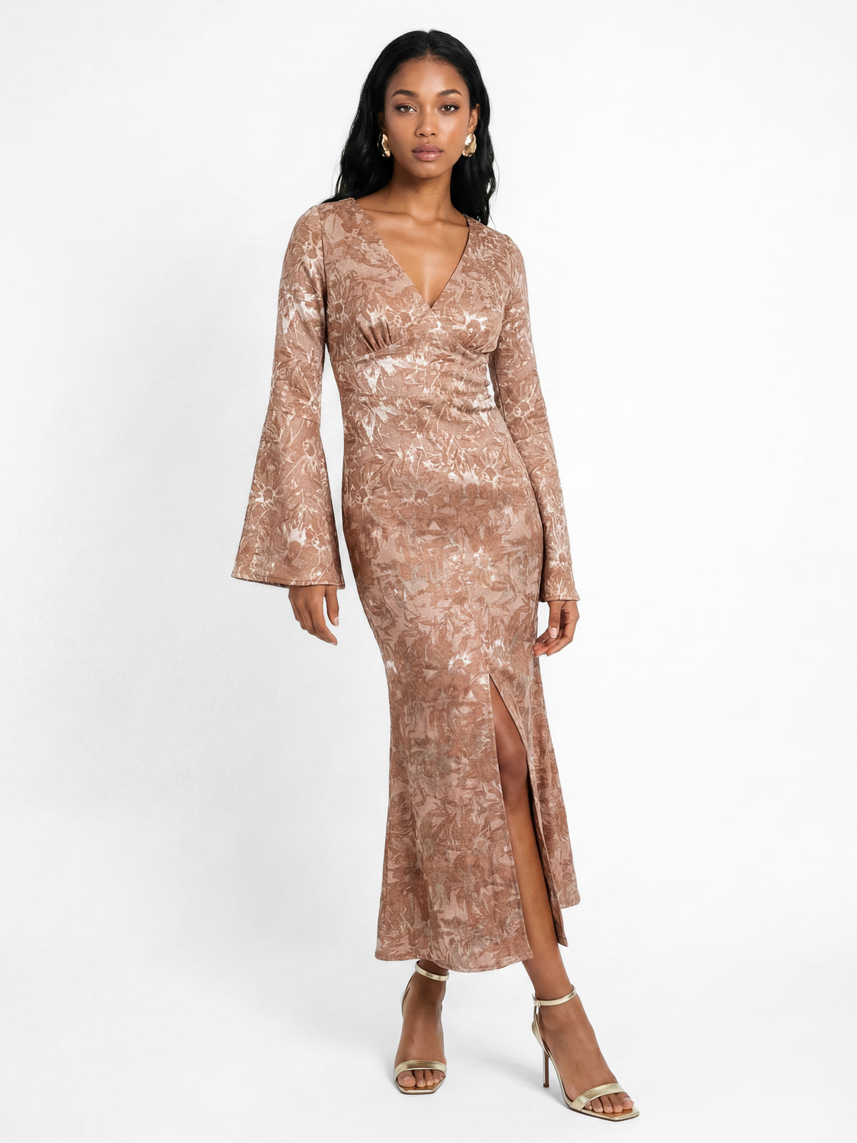 Maya Mocha Satin Floral Burnout Bell Sleeve Midaxi Dress