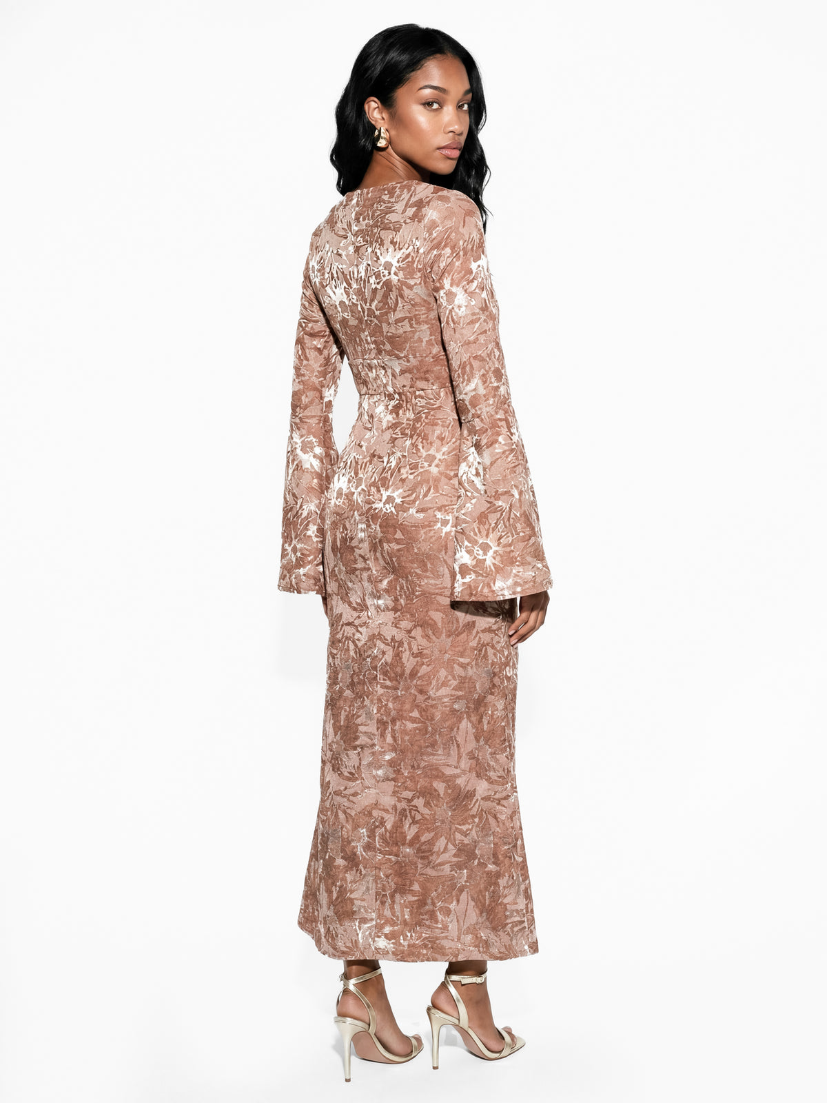 Maya Mocha Satin Floral Burnout Bell Sleeve Midaxi Dress