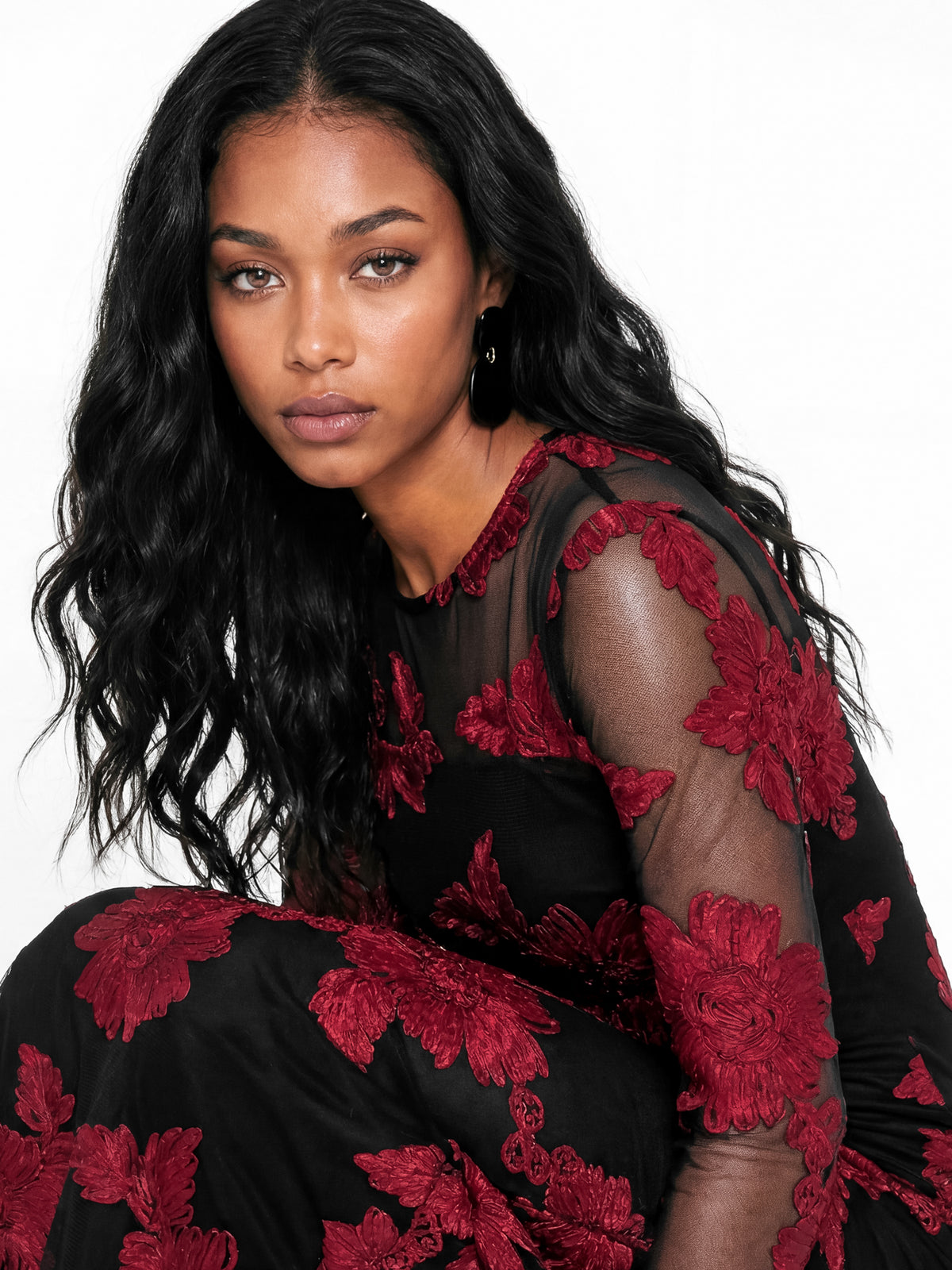 Maya Black Floral Ribbon Applique Long Sleeve Mesh Maxi Dress