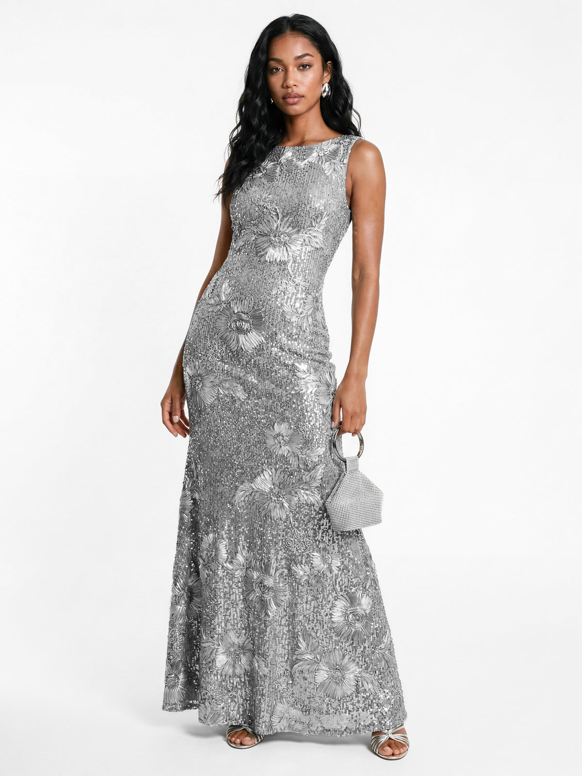 Maya Silver Floral Ribbon Applique & Sequin Sleeveless Maxi Dress