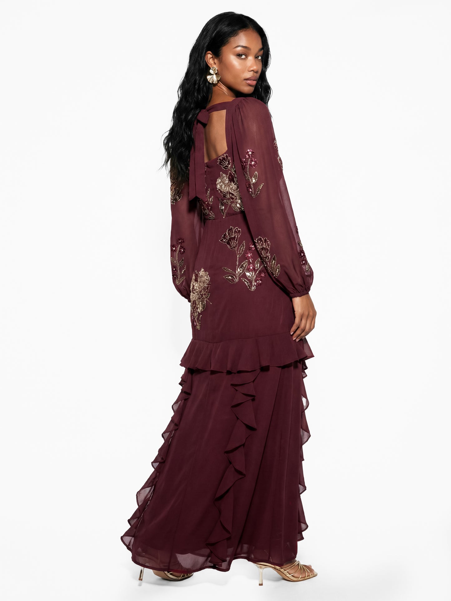 Maya Ruby Embellished Blouson Sleeve Ruffle Maxi Dress
