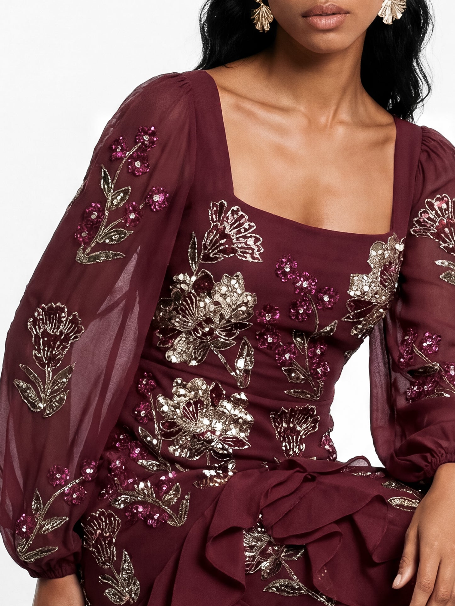 Maya Ruby Embellished Blouson Sleeve Ruffle Maxi Dress