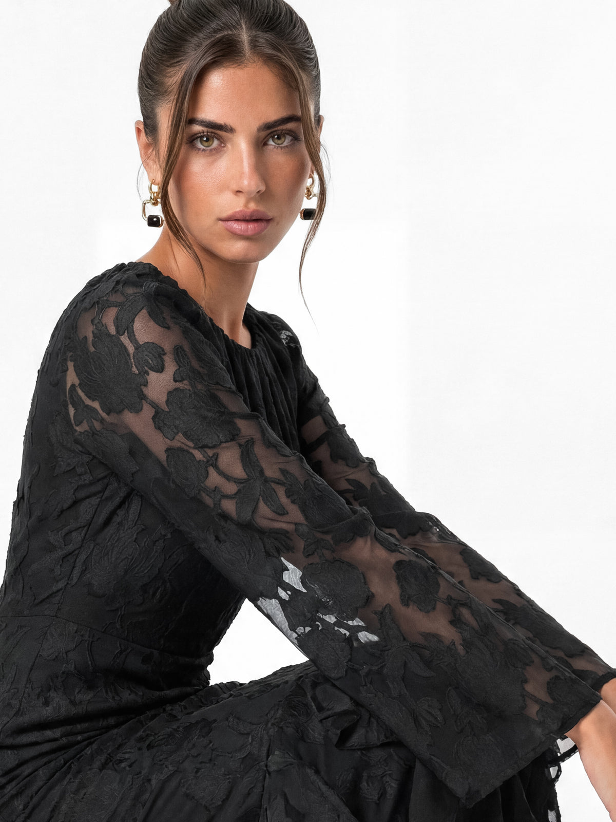 Anaya With Love Recycled Black Floral Burnout Gathered Round Neck Waterfall Ruffle Maxi Dress