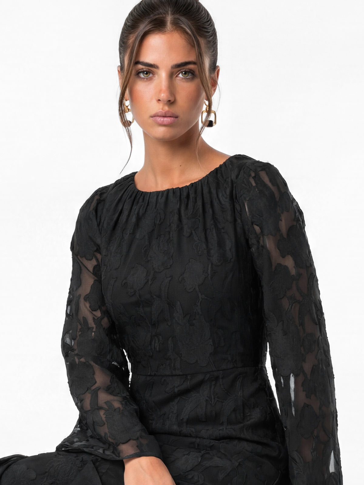 Anaya With Love Recycled Black Floral Burnout Gathered Round Neck Waterfall Ruffle Maxi Dress