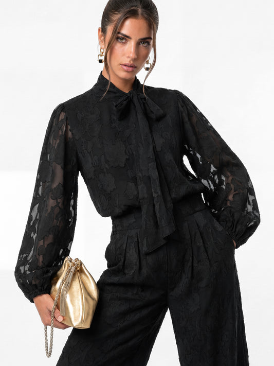 Anaya With Love Recycled Black Floral Burnout Tie Neck Blouse