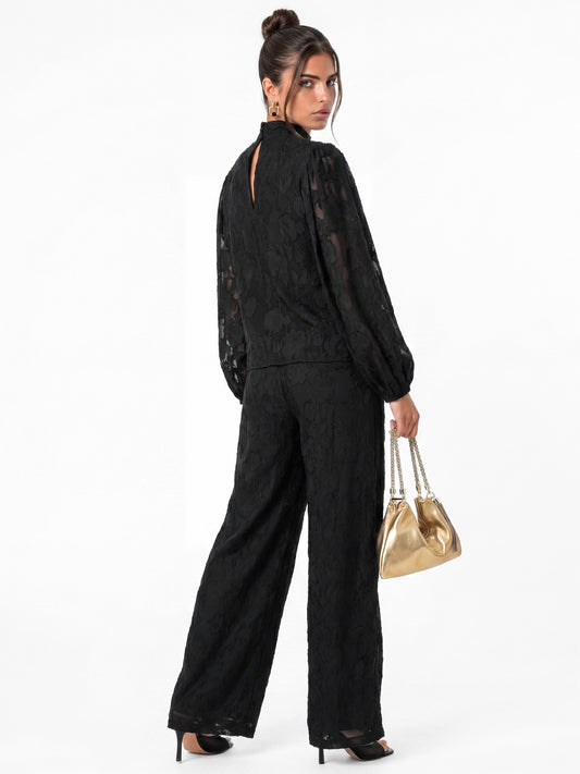 Anaya With Love Recycled Black Floral Burnout Tie Neck Blouse