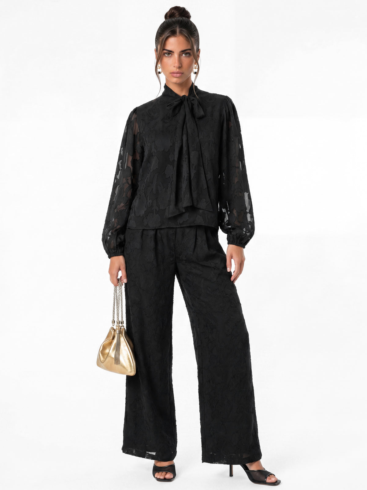 Anaya With Love Recycled Black Floral Burnout Tie Neck Blouse