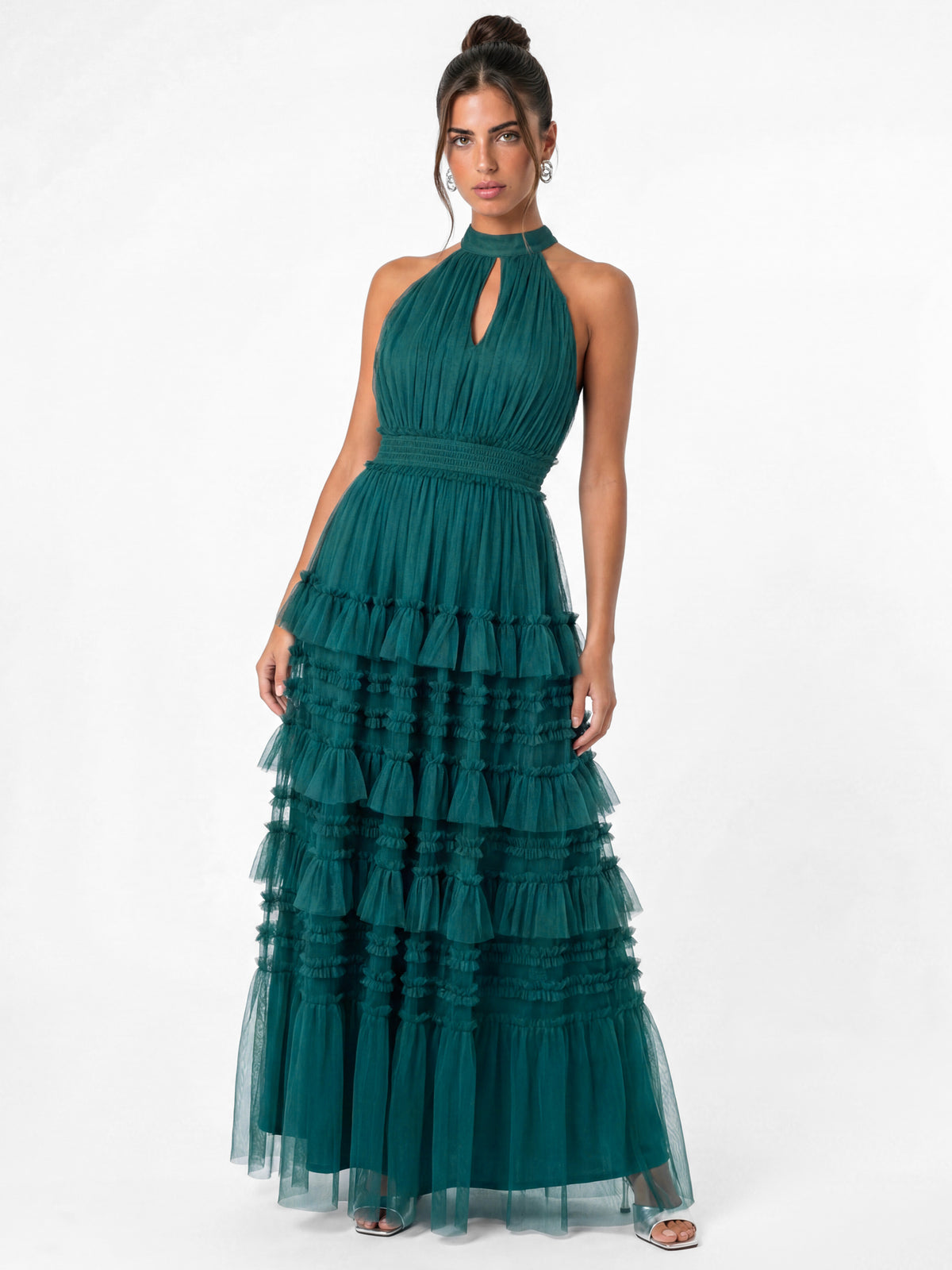 Anaya With Love Recycled Teal Halter Neck Tiered Maxi Dress