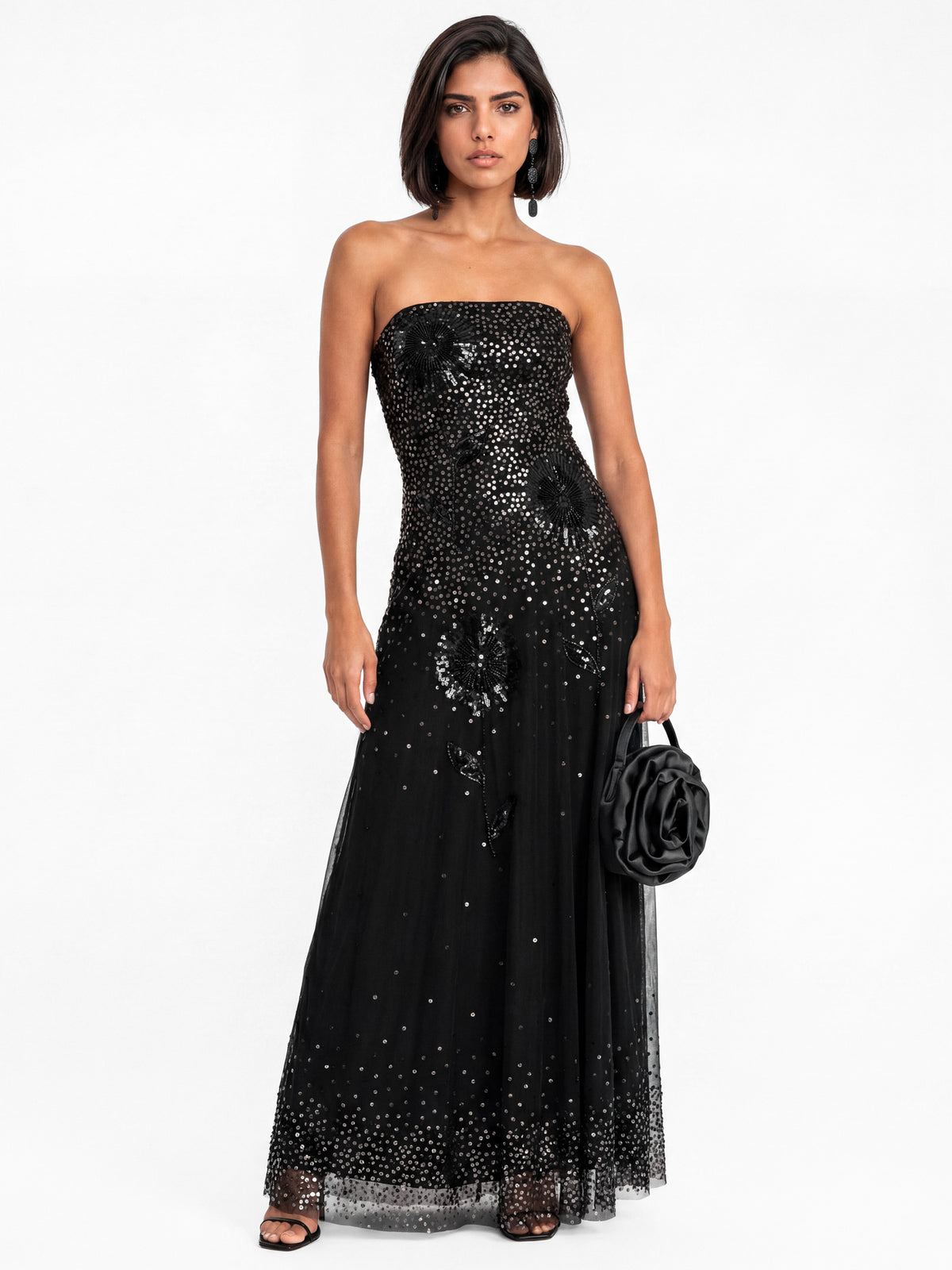 Maya Black Floral Embellished Bandeau Maxi Dress