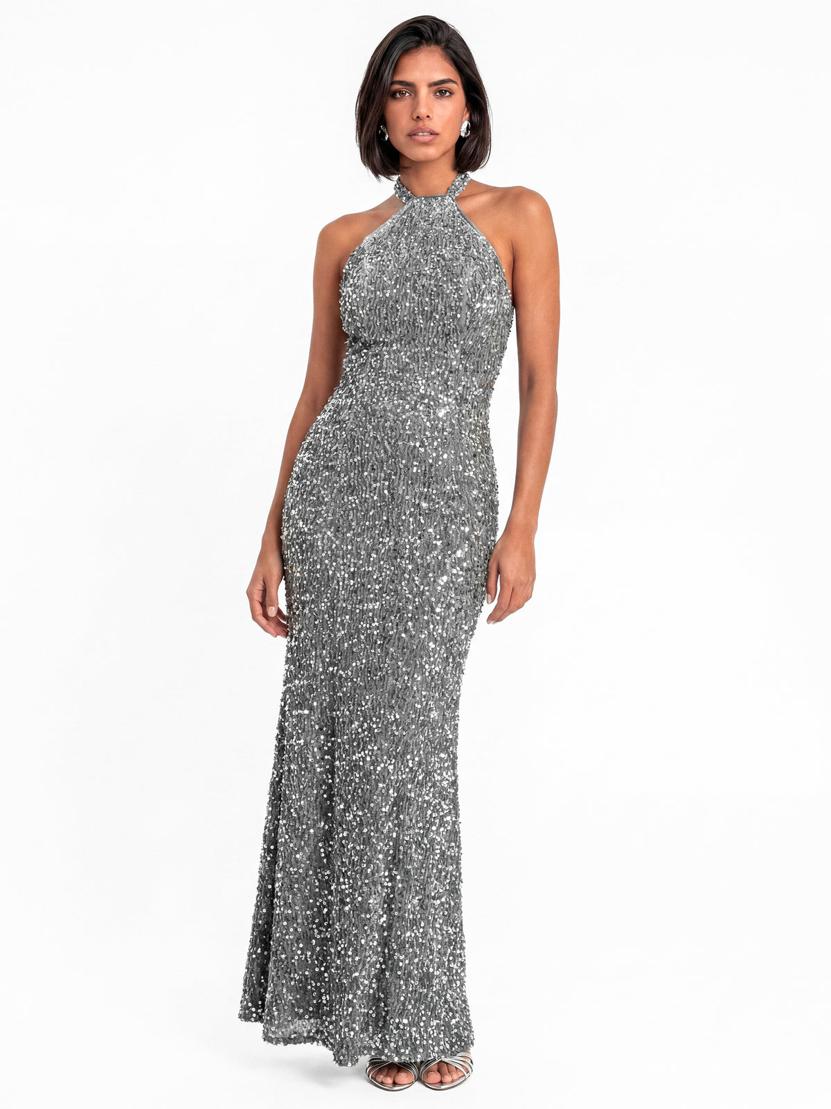 Maya Silver Embellished Halter Neck Velvet Maxi Dress