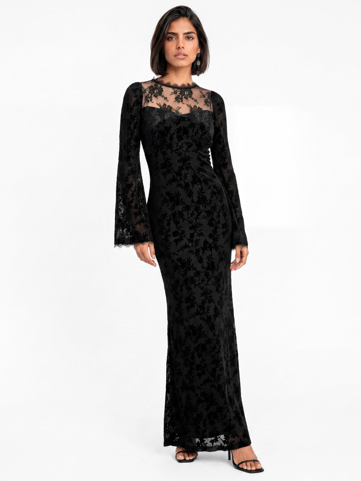 Maya Black Floral Velvet Burnout Bell Sleeve Maxi Dress