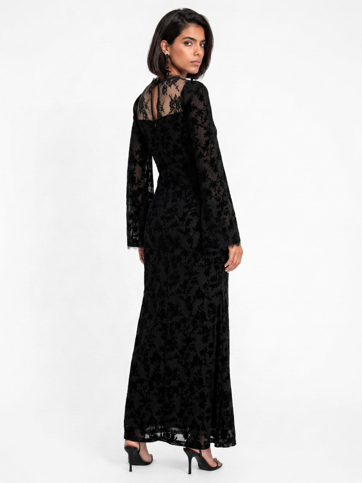 Maya Black Floral Velvet Burnout Bell Sleeve Maxi Dress